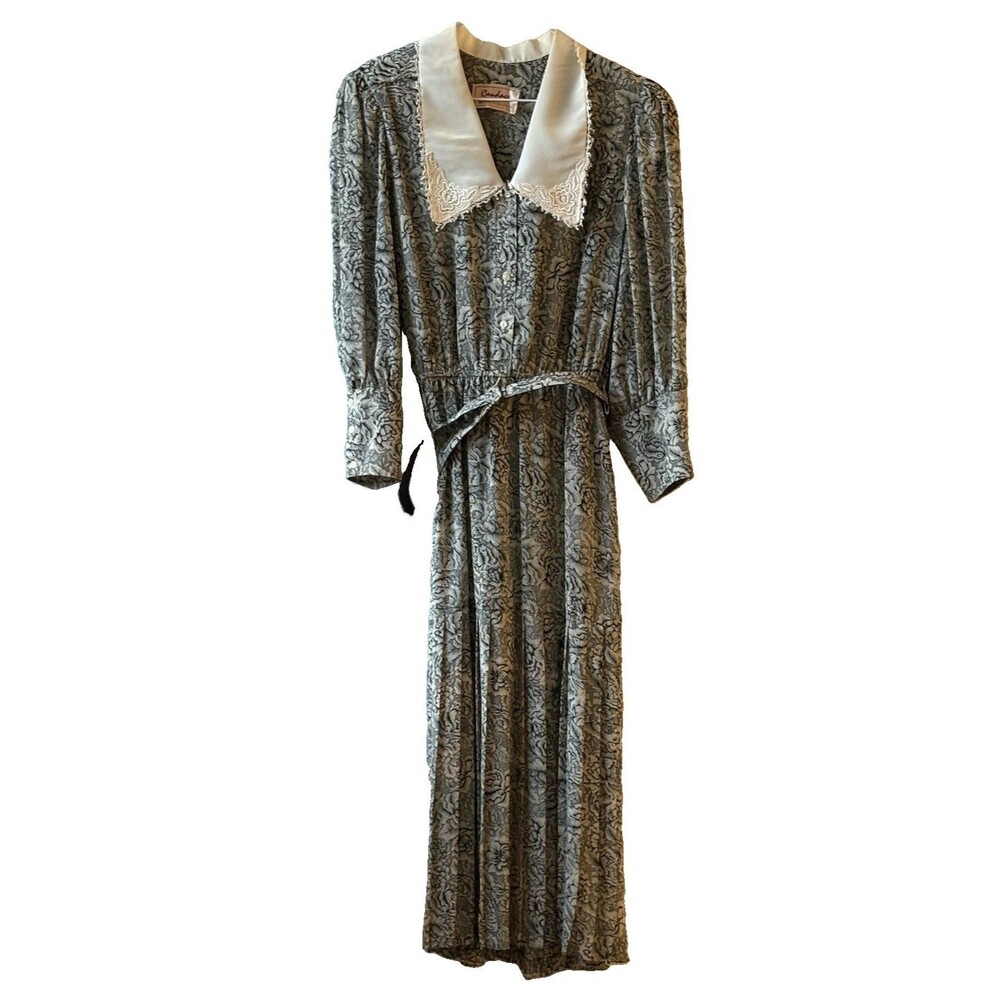 Vintage Candace Gray Floral Chiffon Midi Shirt Dress Collared Lace Belted Size M